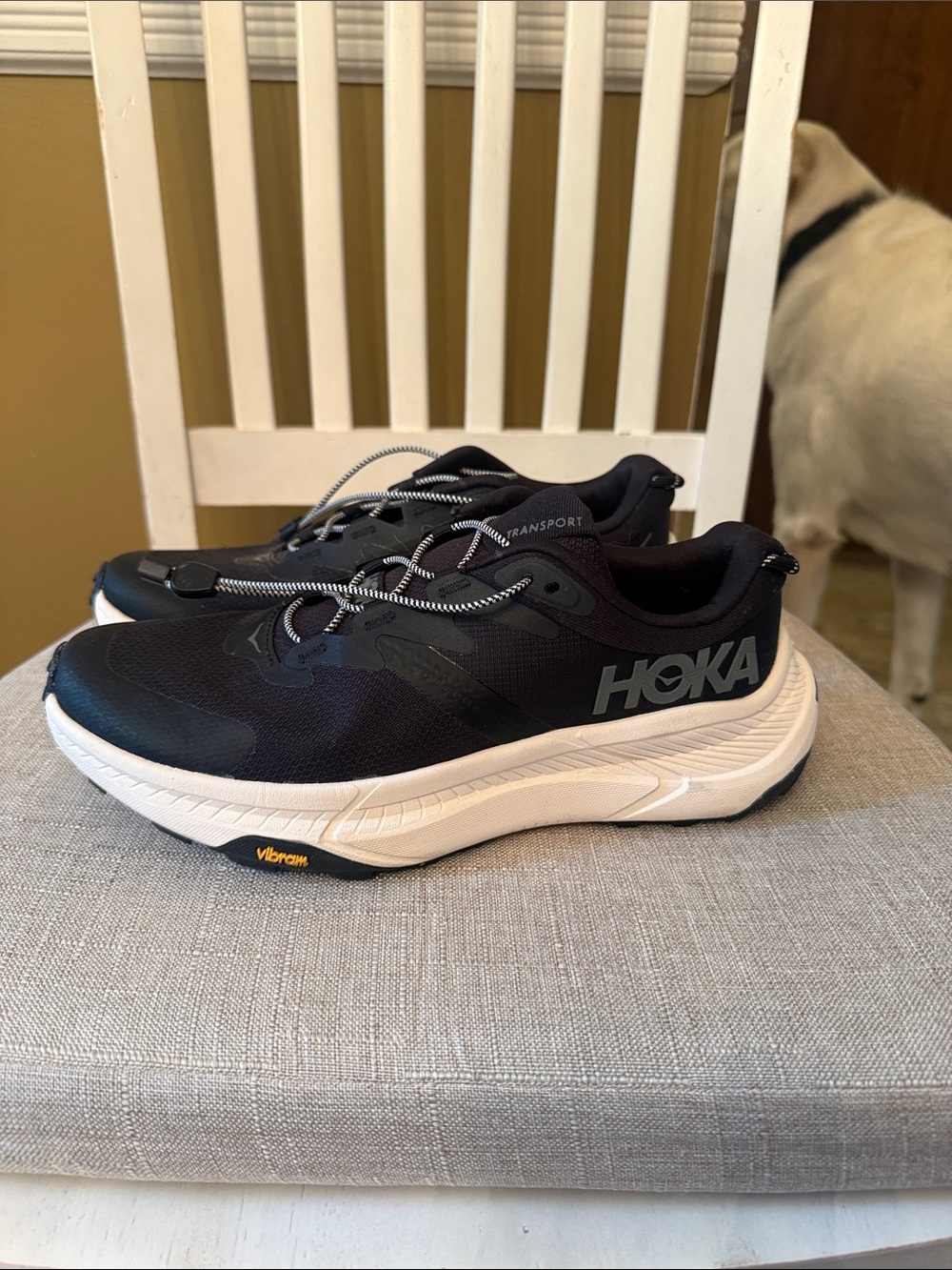 Hoka women’s Black and White trail Running Shoes with Vibram Outsole